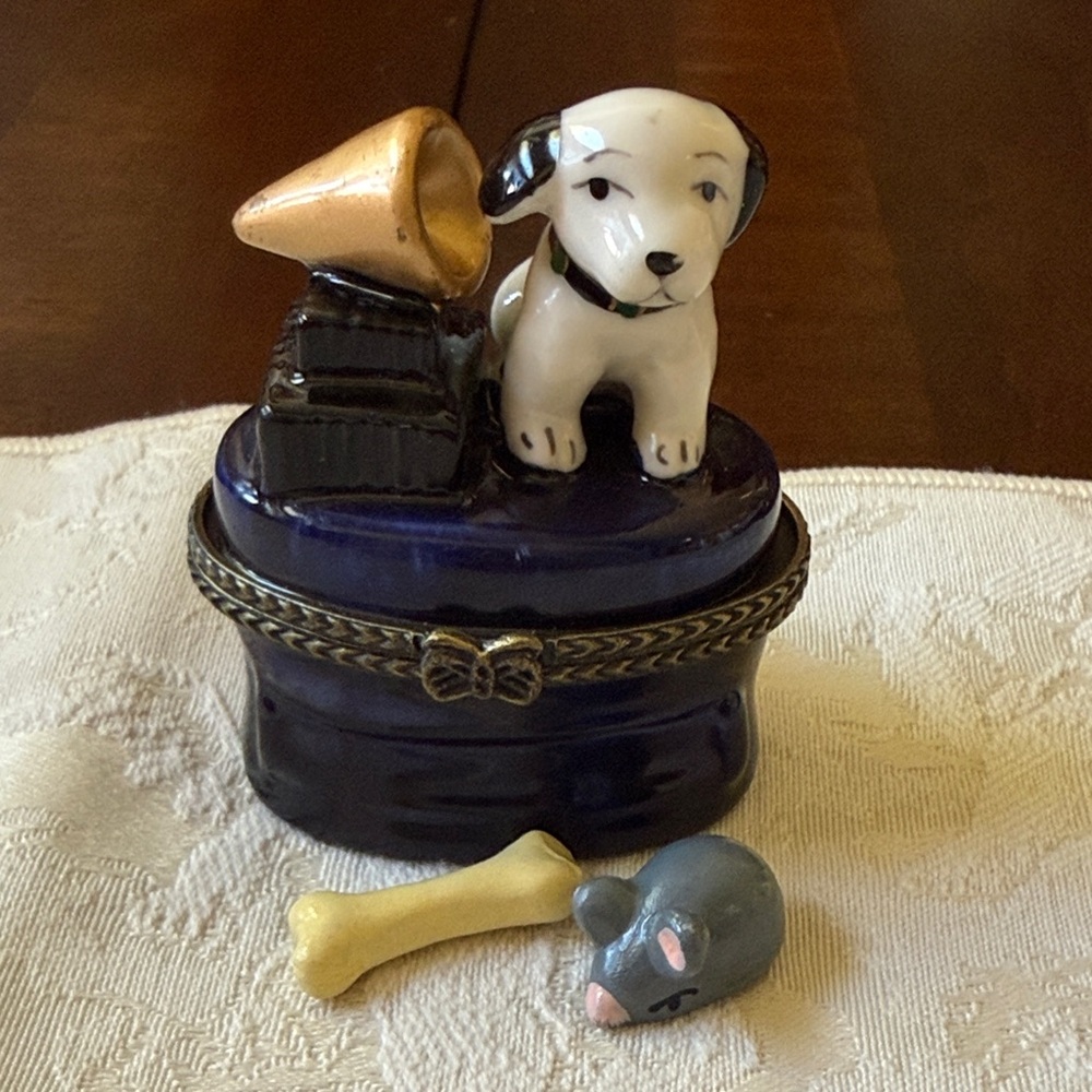 Cute Puppy Dog with Record Player Trinket hinged porcelain Box with Accessories